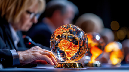 global economic forum discussing strategies with illuminated globe models. Participants engage in dialogue, highlighting international collaboration and economic growth