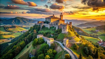 Fototapeta premium Medieval Fortress on Hilltop - Impregnable Stronghold - AI Photo