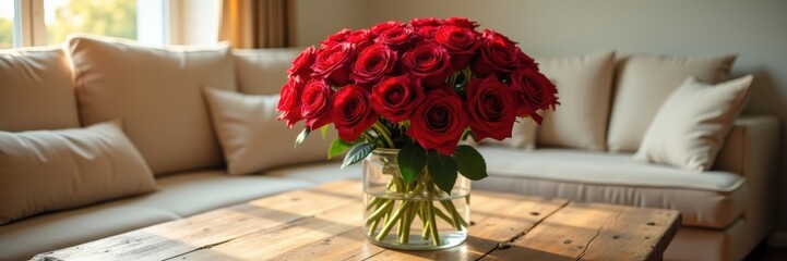 A stunning arrangement of vibrant red roses graces a wooden table in a cozy living room setting