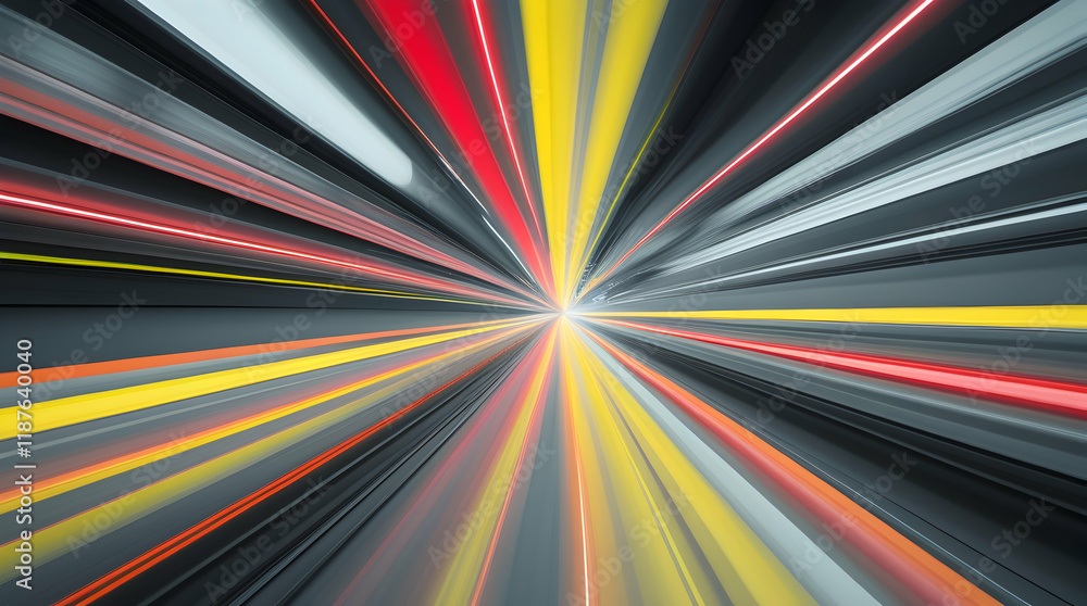 Poster blurred colorful lights speed forward from a central point against a gray background creating a futu