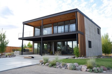 Modern two-story house with wooden accents and large windows in a serene outdoor setting surrounded by greenery and landscape design