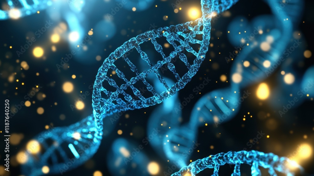 Poster a vibrant digital representation of dna strands, showcasing intricate structures against a backdrop 