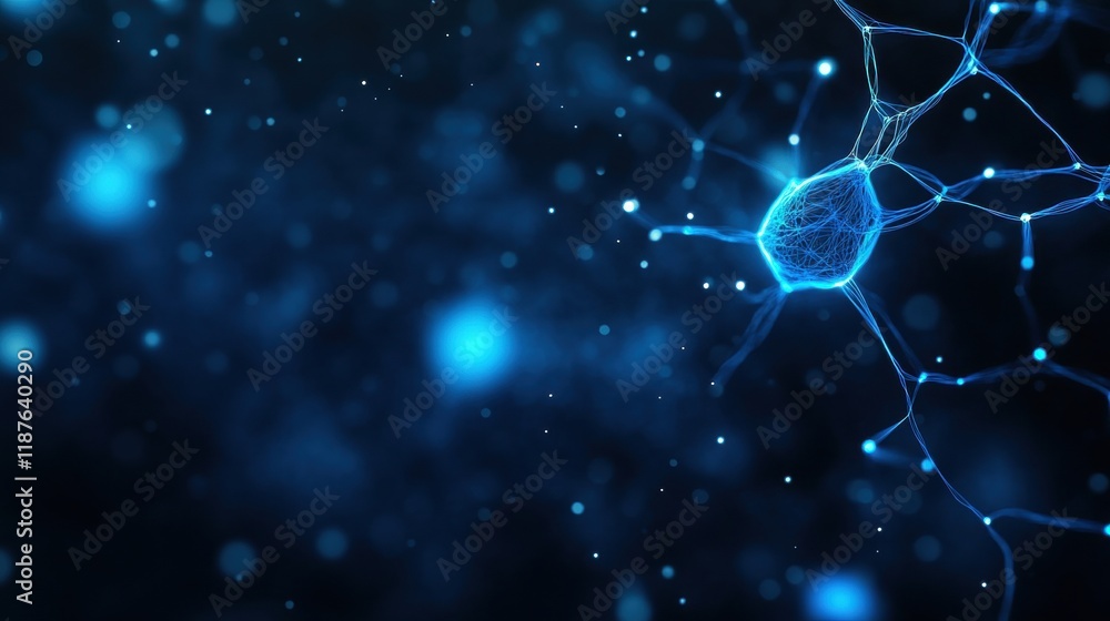 Poster a close-up view of a neuron illuminated in blue, surrounded by glowing particles, showcasing the int