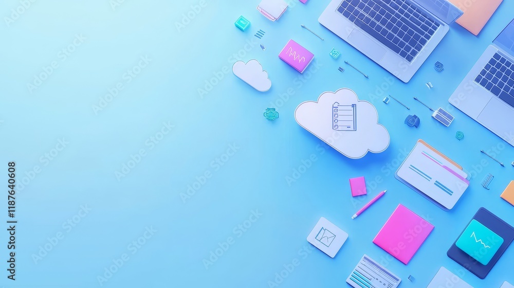 Poster modern office desk with cloud computing elements and laptops on blue background