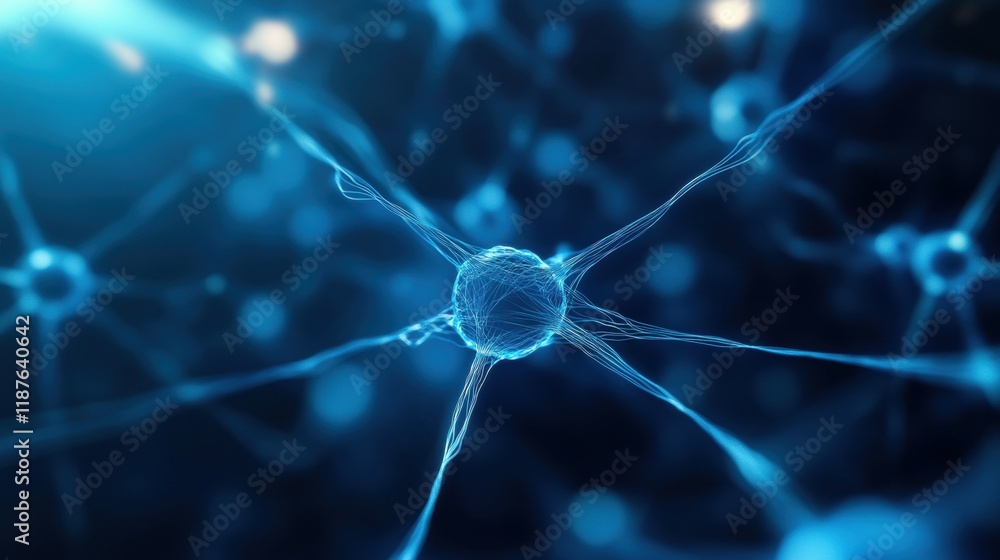 Poster a vibrant, close-up view of a neuron showcasing its intricate structure with glowing filaments again