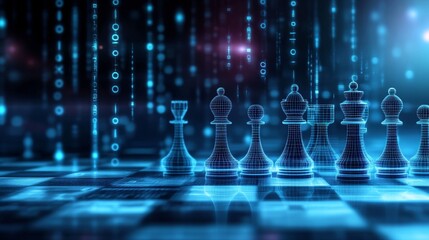 Futuristic digital chessboard with glowing blue chess pieces