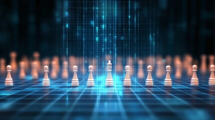 Futuristic chessboard with digital blue lighting and white pawns