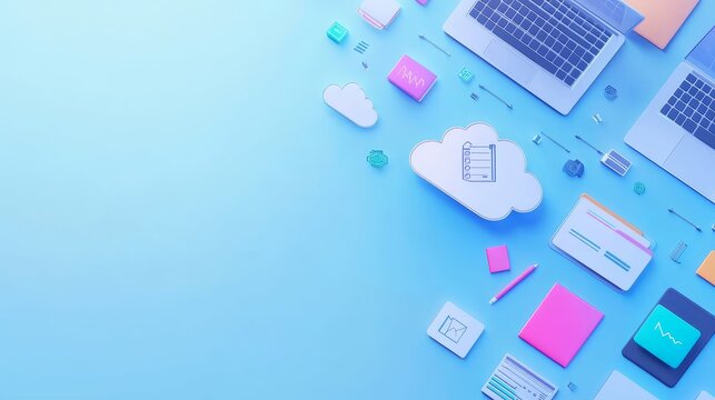 Modern office desk with cloud computing elements and laptops on blue background