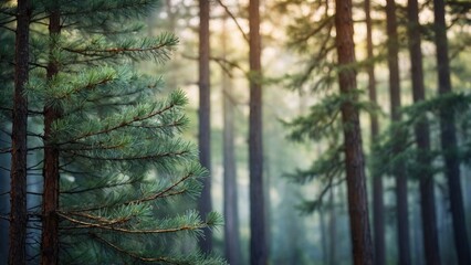 Misty pine trees forest landscape background