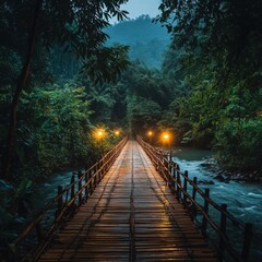 Fototapeta premium Serene Bamboo Bridge in Lush Forest Landscape