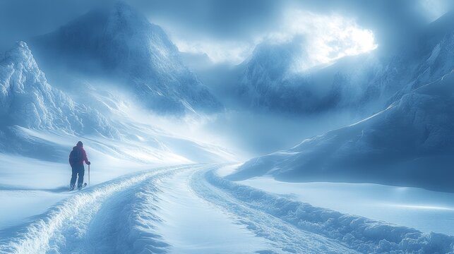 Solitary trekker on snowy mountain trail under misty blue sky