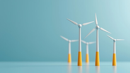 Renewable energy wind turbines on blue background, symbolizing sustainability and clean energy. These models represent innovation in green technology and environmental responsibility