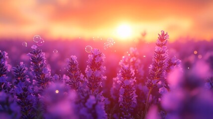 Obraz premium Sunset over lavender field with glowing warm light and delicate bubbles