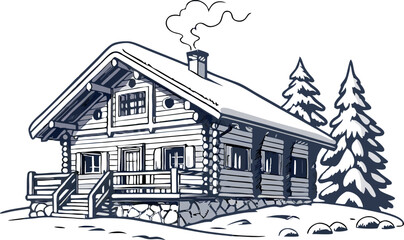 Cozy wooden chalet nestled in snowy mountain landscape with smoking chimney