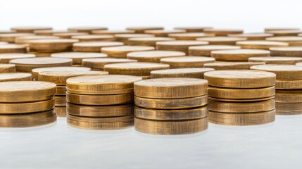 Close-up View of Gold Coins on a Reflective Surface with Diffused Lighting, Perfect for Artistic and Financial Themes in Stock Photography