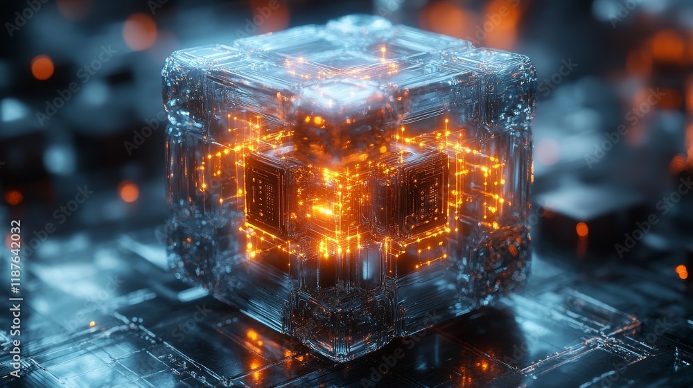 Poster futuristic glowing cube with digital circuitry and intricate details