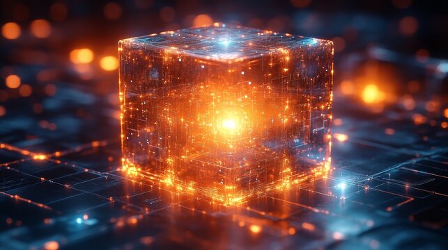 Glowing technological cube in futuristic sci-fi digital grid