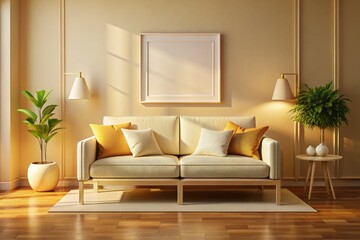 Minimalist Cream Couch Mockup, Low Light, White Frame