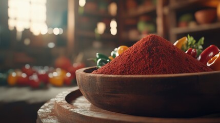 Rustic Close-Up of Whole Peppers on a Wooden Tray with Warm Ambient Lighting and Artistic Background for Culinary and Food Photography