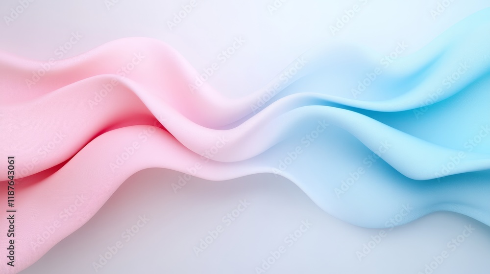 Poster flowing pink and blue fabric wave patterns against soft gradient background