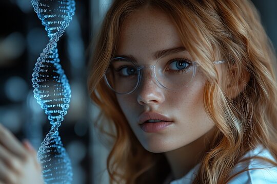 Young Woman Studying DNA Genetic Code Structure
