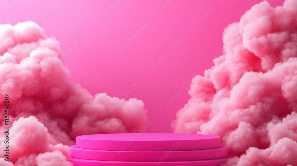Poster pink round podium surrounded by clouds on a soft pink background for display or presentation