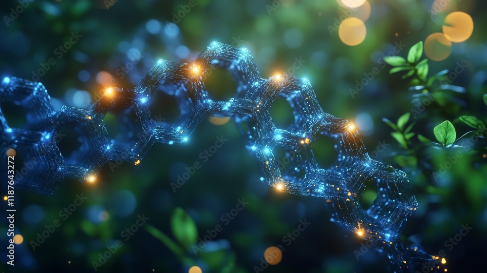 Poster glowing molecular structure in nature with hexagonal pattern and bokeh