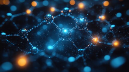 Futuristic molecular structure with blue and orange glowing connections