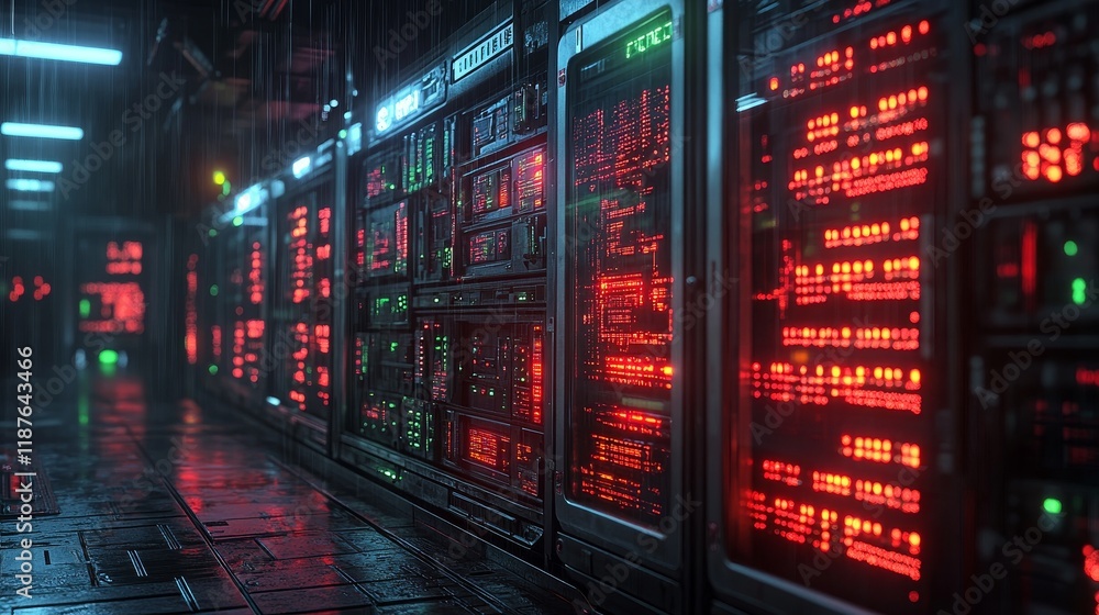 Poster futuristic data center with illuminated servers in a rainy environment