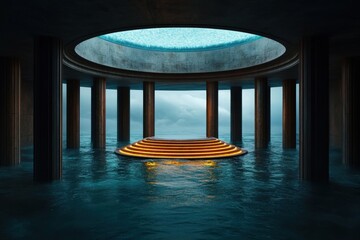 Futuristic circular hall with illuminated steps and water features