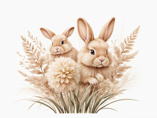 Obraz premium Abstract minimal Fluffy tan pom pom plants bouquet on white background. Minimal floral holiday composition. Rabbit bunny tales grass illustration