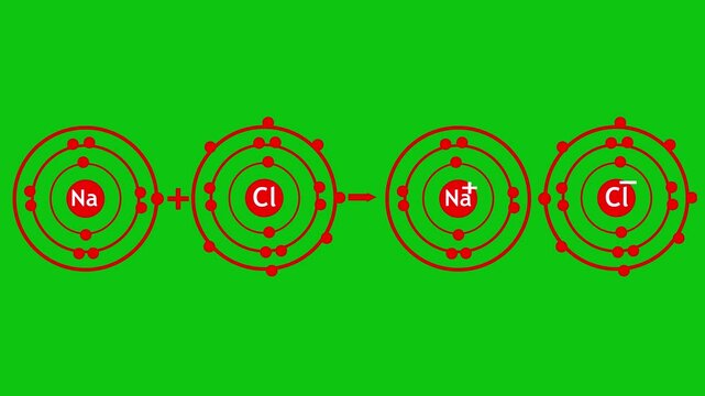 sodium ,chlorine,electron diagram, formation of ionic bond in sodium chloride NaCl, Chemical bonds education aniation infographic. 