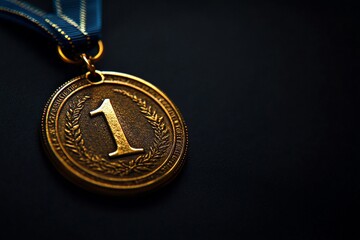 Golden medal with blue ribbon on dark background