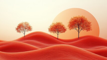 Three orange trees on red sand dunes against a large orange sun.