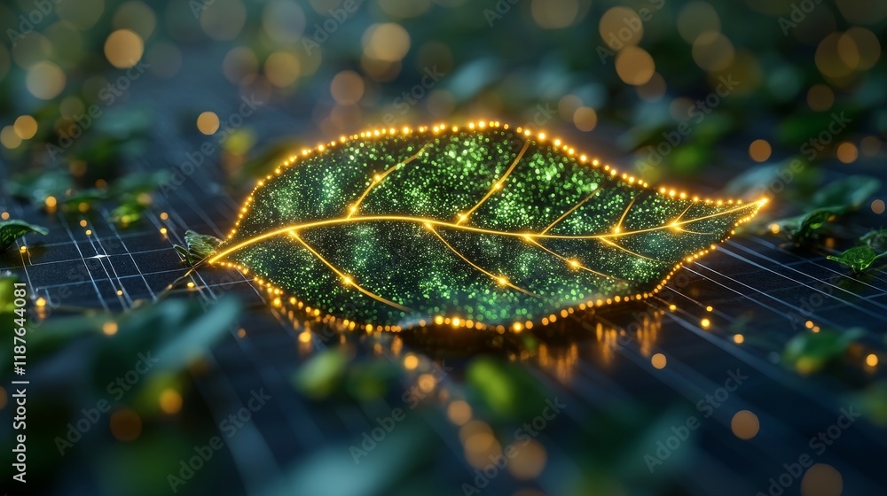 Poster glowing digital leaf on grid background with lights and bokeh