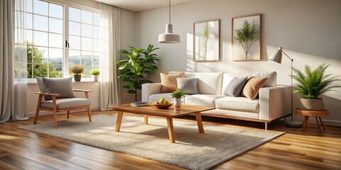 Fototapeta premium Minimalist Living Room AI Photo - White Sofa, Wooden Coffee Table, Beige Rug