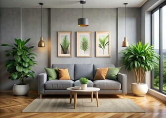 Fototapeta premium Minimalist Living Room with Grey Sofa, Blank Frames, and Plants - AI Photorealistic Rendering