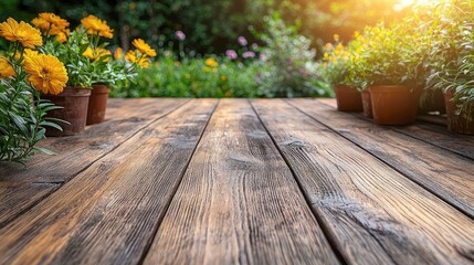 Vibrant Yellow Flowers in Terracotta Pots on Wooden Deck