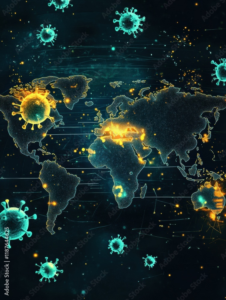 Leinwandbilder global map displaying zones of viral spread with highlighted areas indicating infection prevalence. 