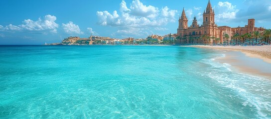 Obraz premium Coastal city beach, turquoise water, cathedral view. Summer vacation travel