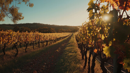 Naklejka premium Golden Hour Vineyard. Picturesque rows of grapevines stretch to distance in late afternoon golden light. Warm & inviting vineyard landscape.