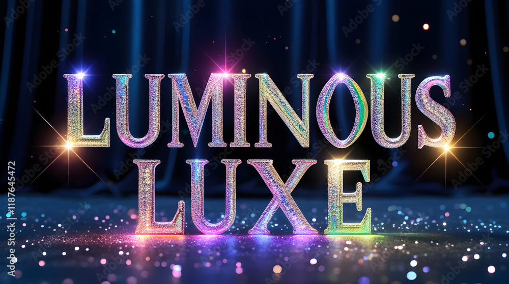 Poster glittery text with stage background, sparkles below, and a dark drape backdrop for a glamorous event