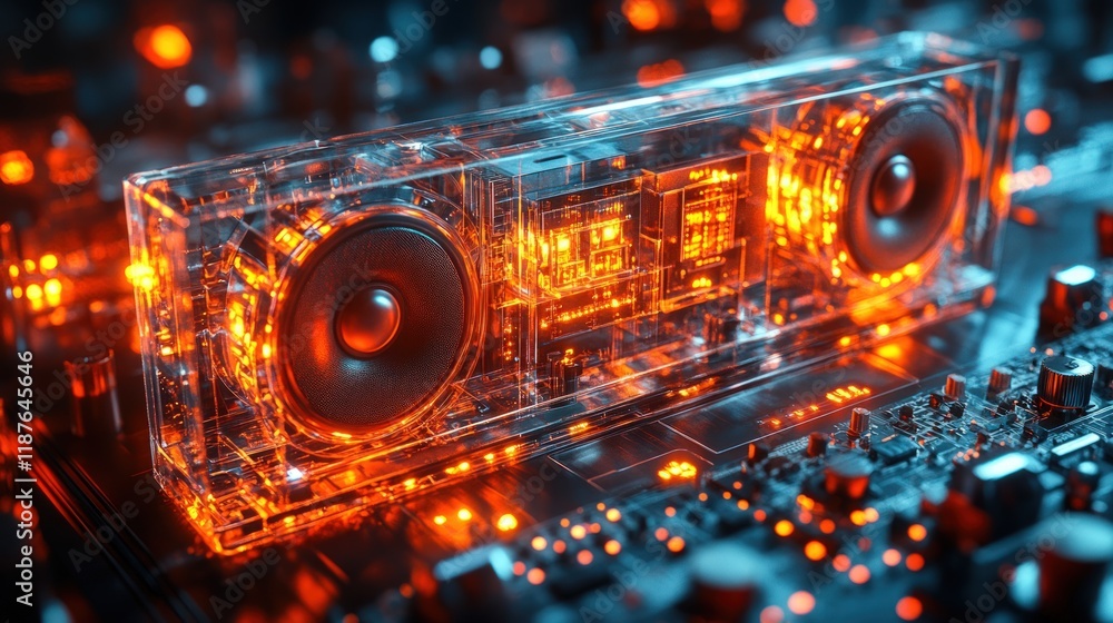 Poster transparent speaker on circuit board with glowing internal components.