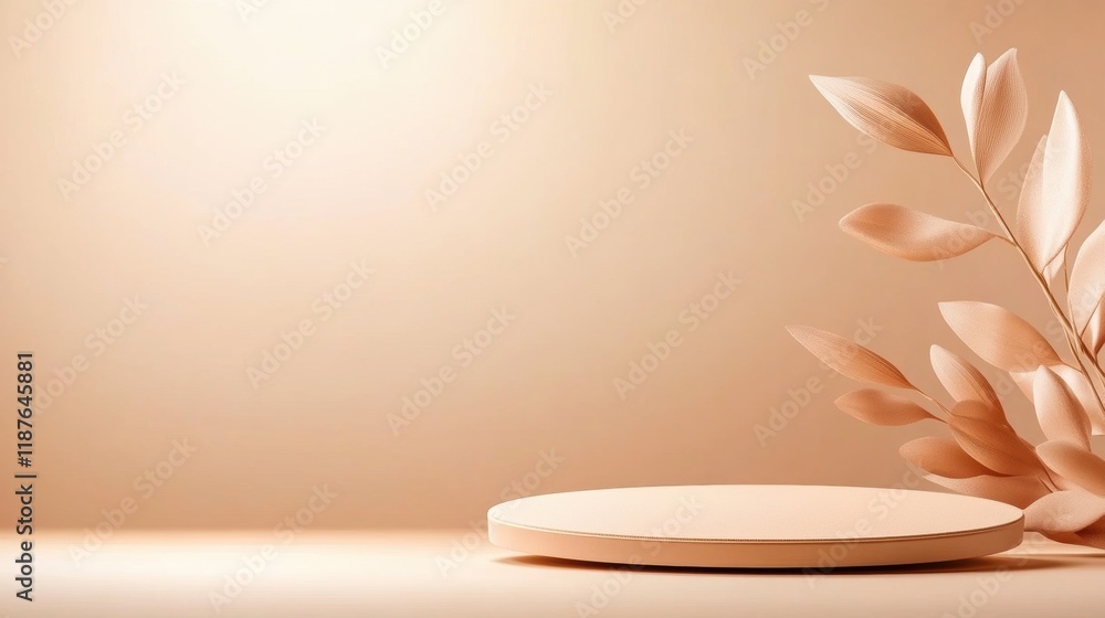 Poster a minimalist display featuring a smooth, circular platform and delicate leaves against a soft, warm 