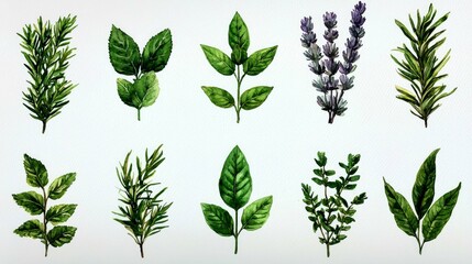 Watercolor Herbs and Flowers Botanical Illustration