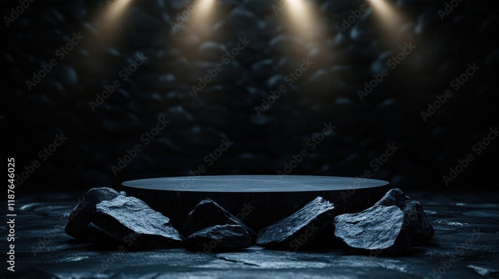 Poster a dark, atmospheric stage featuring a circular platform surrounded by rocks, illuminated by three fo