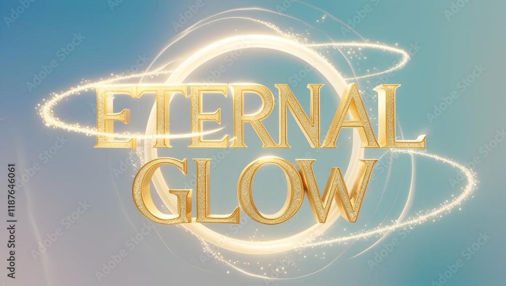 Poster golden letters ?eternal glow? in a circle of light, on a soft blue background, for use as a graphic 