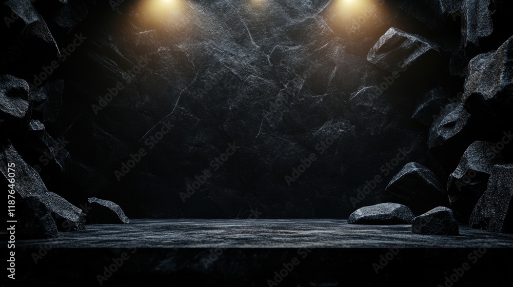 Poster a dark, dramatic scene with illuminated rocks and a textured surface, creating an atmospheric backdr