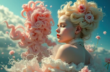 Serene woman with golden curls, pink roses, dreamy surreal atmosphere.