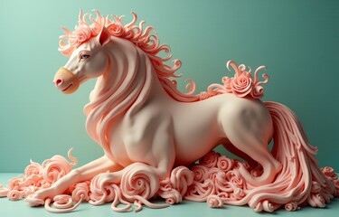 Elegant pink horse with sculptural rose mane, surreal and whimsical.